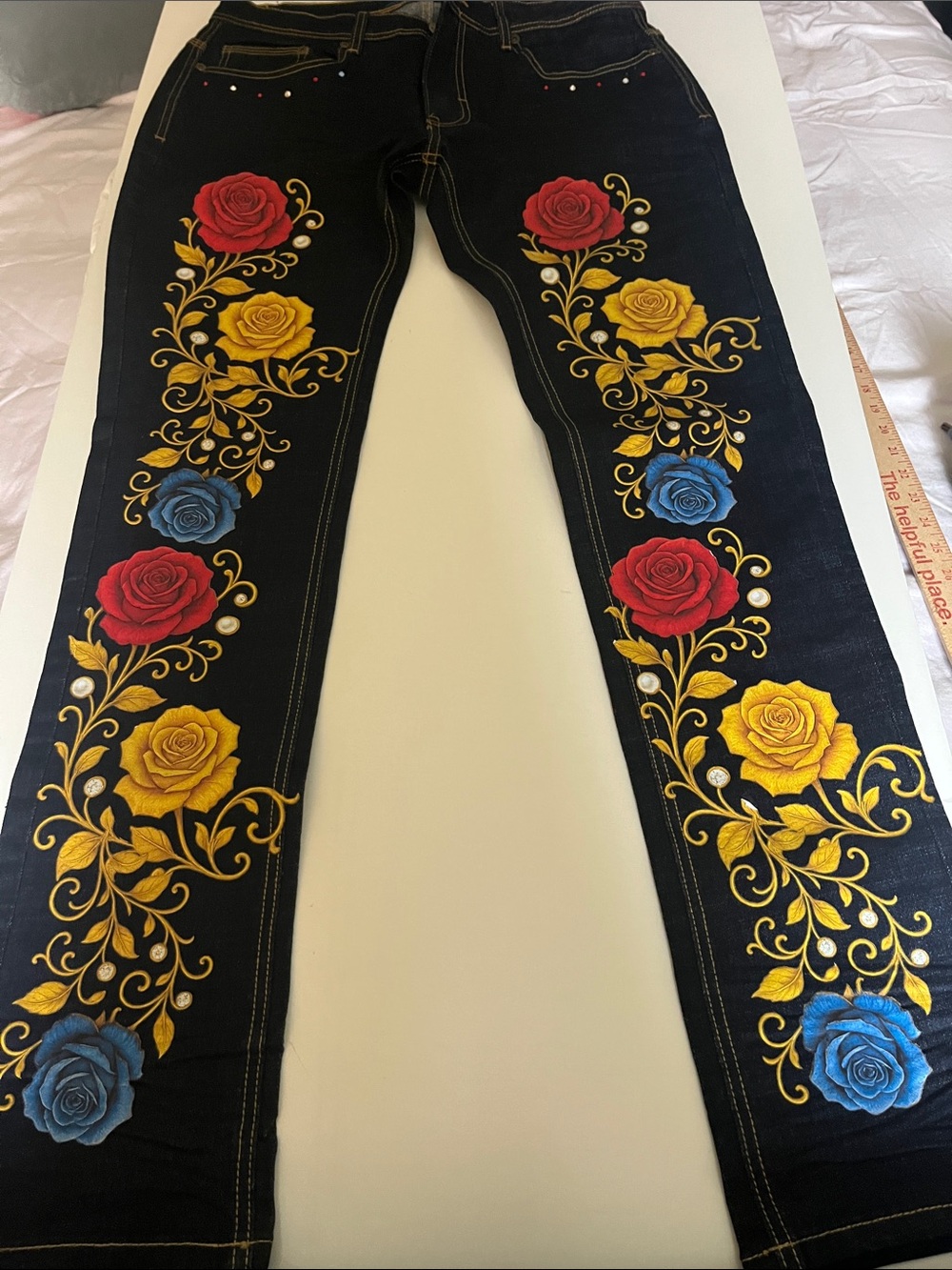 Dark Blue  Straight-Leg Women's Jeans with Red, Yellow & Blue Rose size 32 women